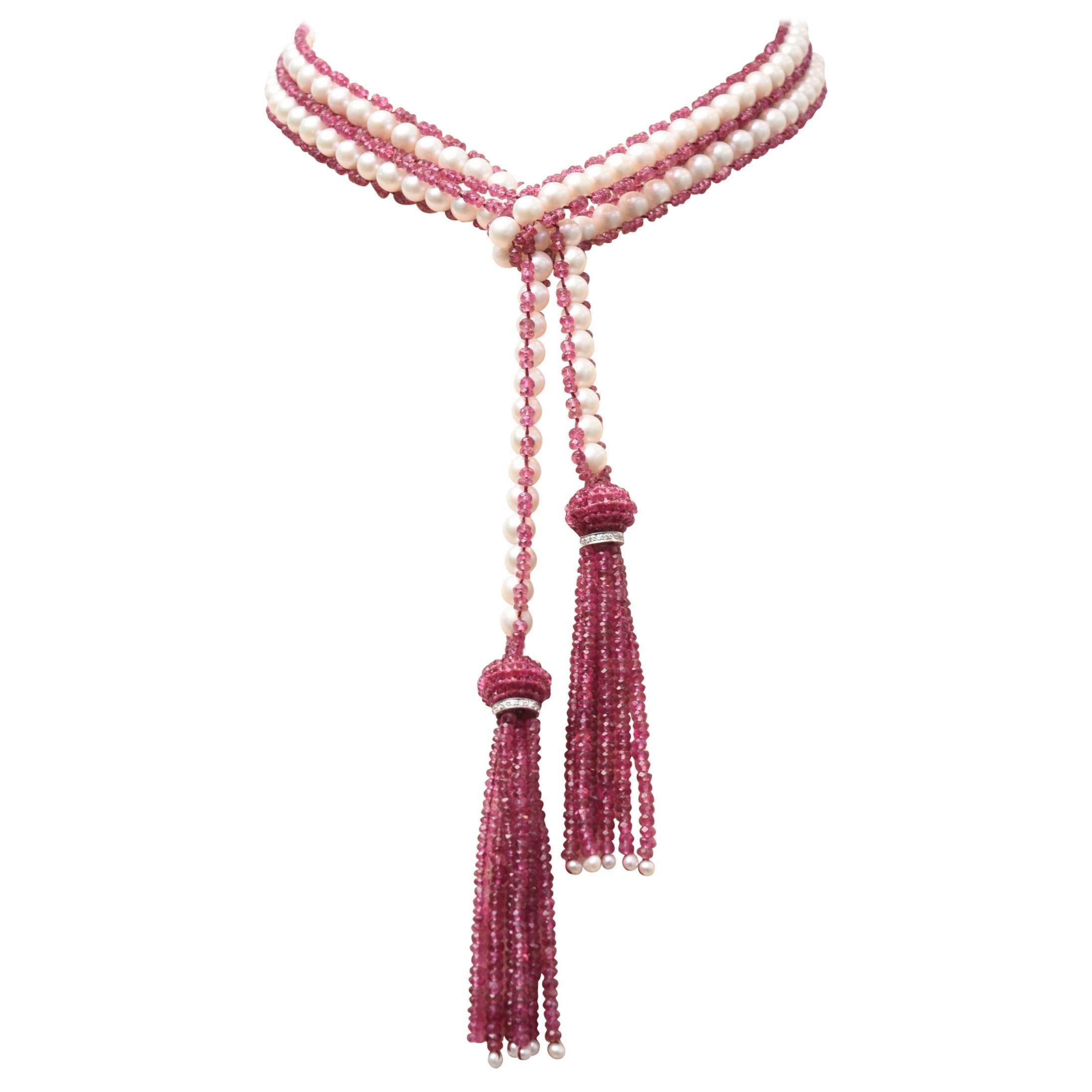 Pink Tourmaline, Pearl, Diamond and 18 Karat Gold Necklace by Deborah Lockhart