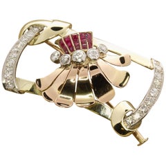 Retro Gold Ruby and Diamond Dan Brooch