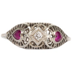 Antique 1920 Art Deco 18 Karat White Gold .04 Carat Diamond and Ruby Engagement Ring