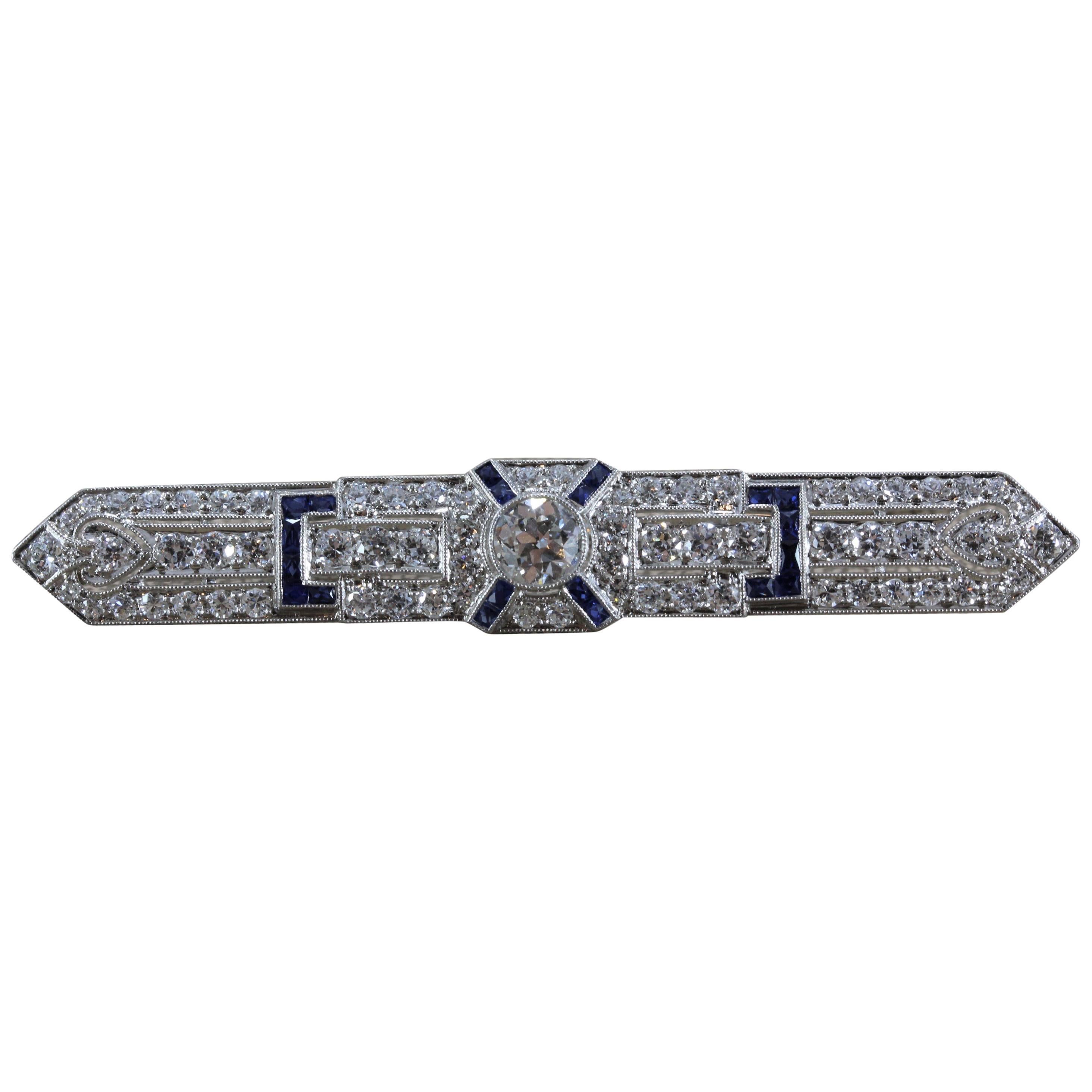 Art Deco Diamond Sapphire Platinum Bar Pin Brooch