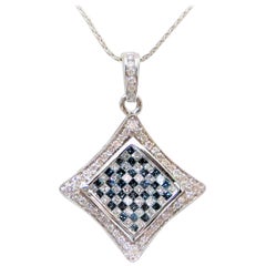 White and Blue-Green Diamond Checker Board Pendant Necklace