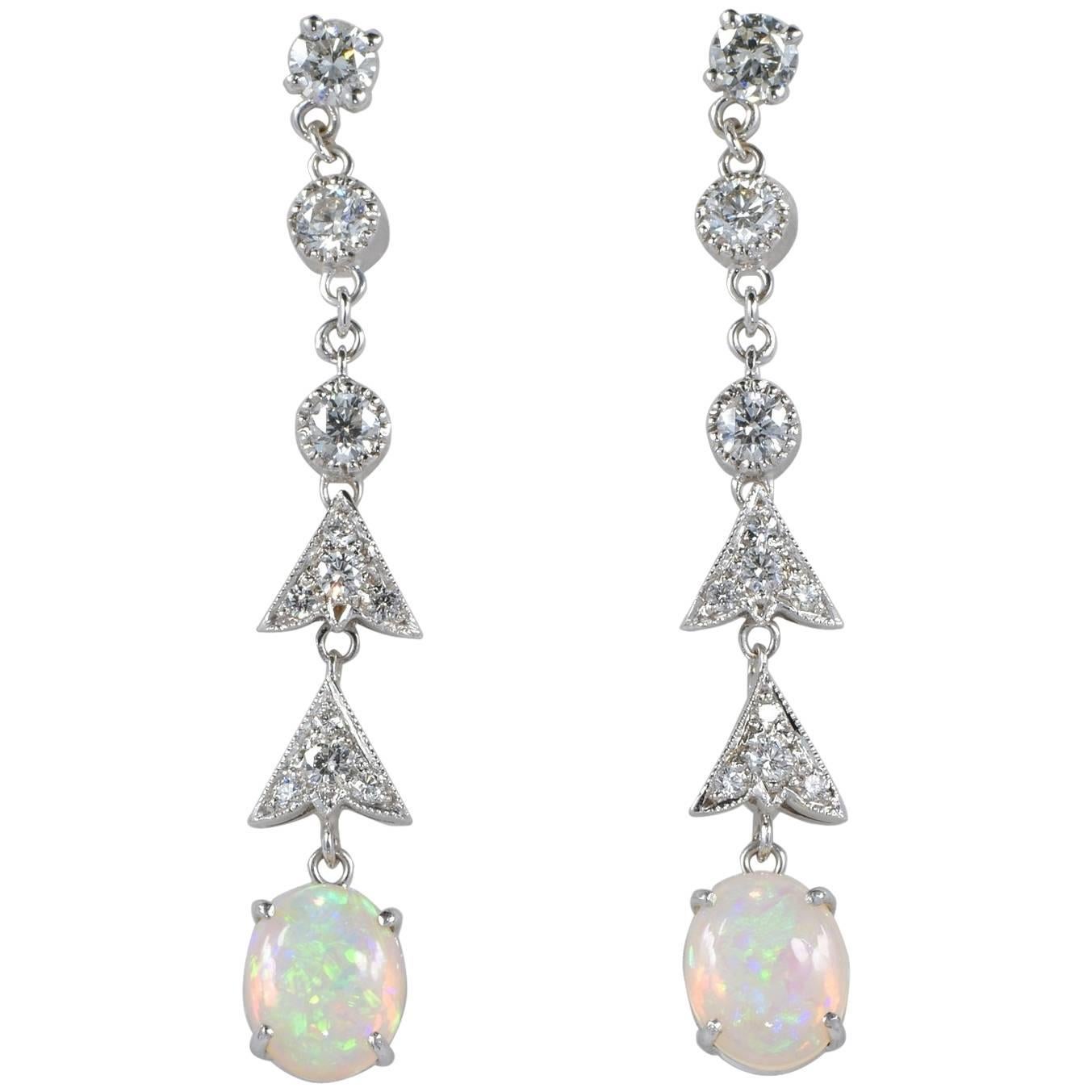 Harlequin Opal 1.90 Carat Diamond Vintage Drop Earrings