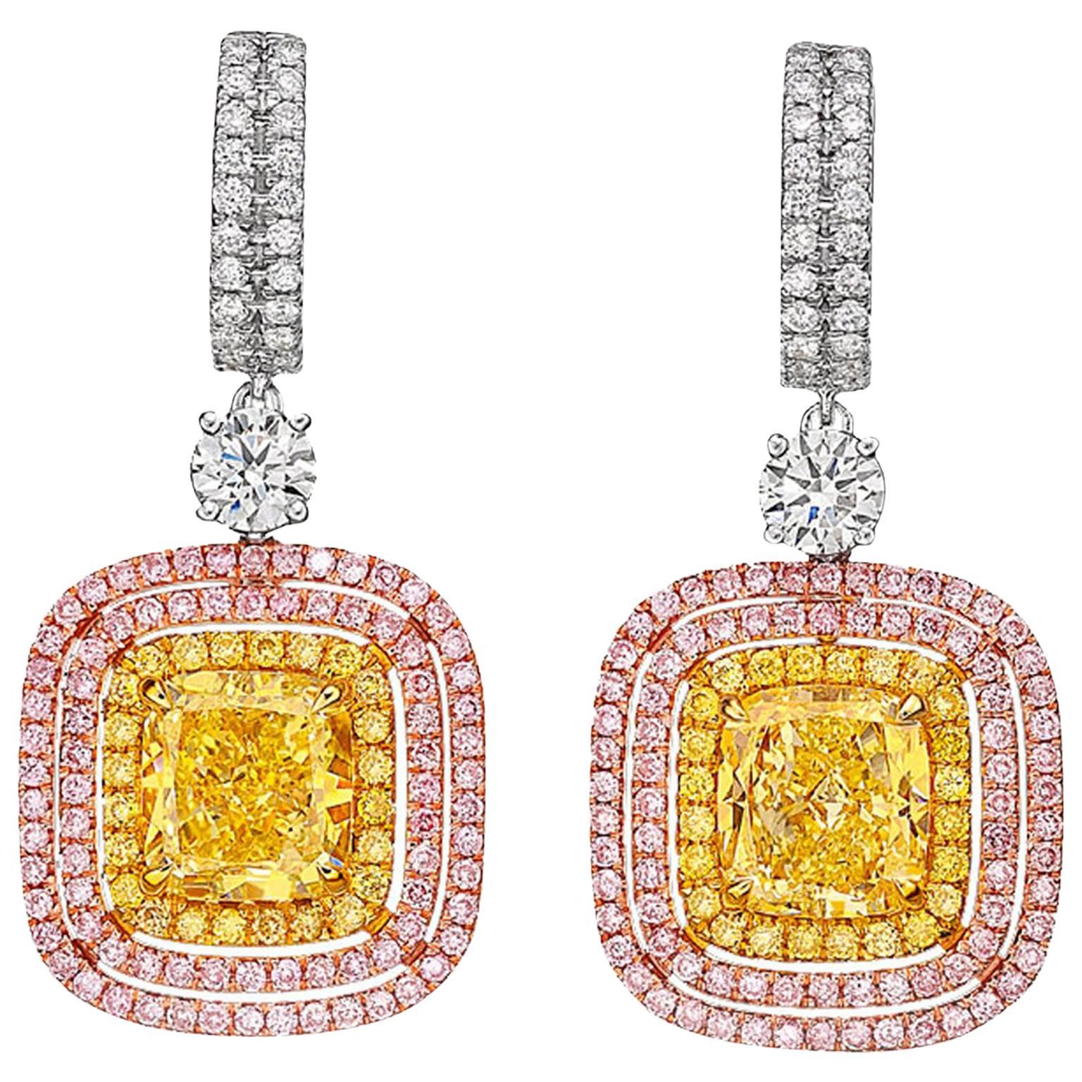 GIA Certified 2.04 and 2.29 Carat Fancy Yellow Cushion-Cut Diamond Earrings