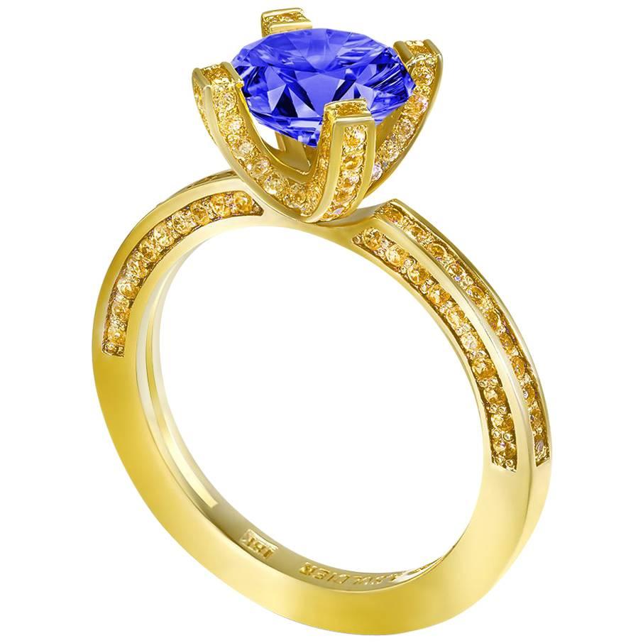 Tanzanite Garnet Yellow Gold Cocktail Engagement Ring One of a Kind