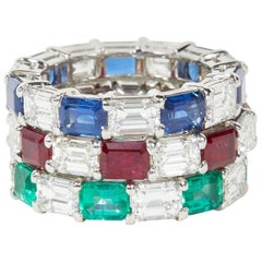 Emerald Sapphire Ruby and Diamond Emerald Cut Eternity Bands