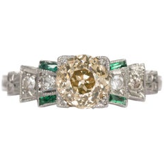 1920 Art Deco 18 Karat Gold 1.14 Carat Diamond and Emerald Engagement Ring
