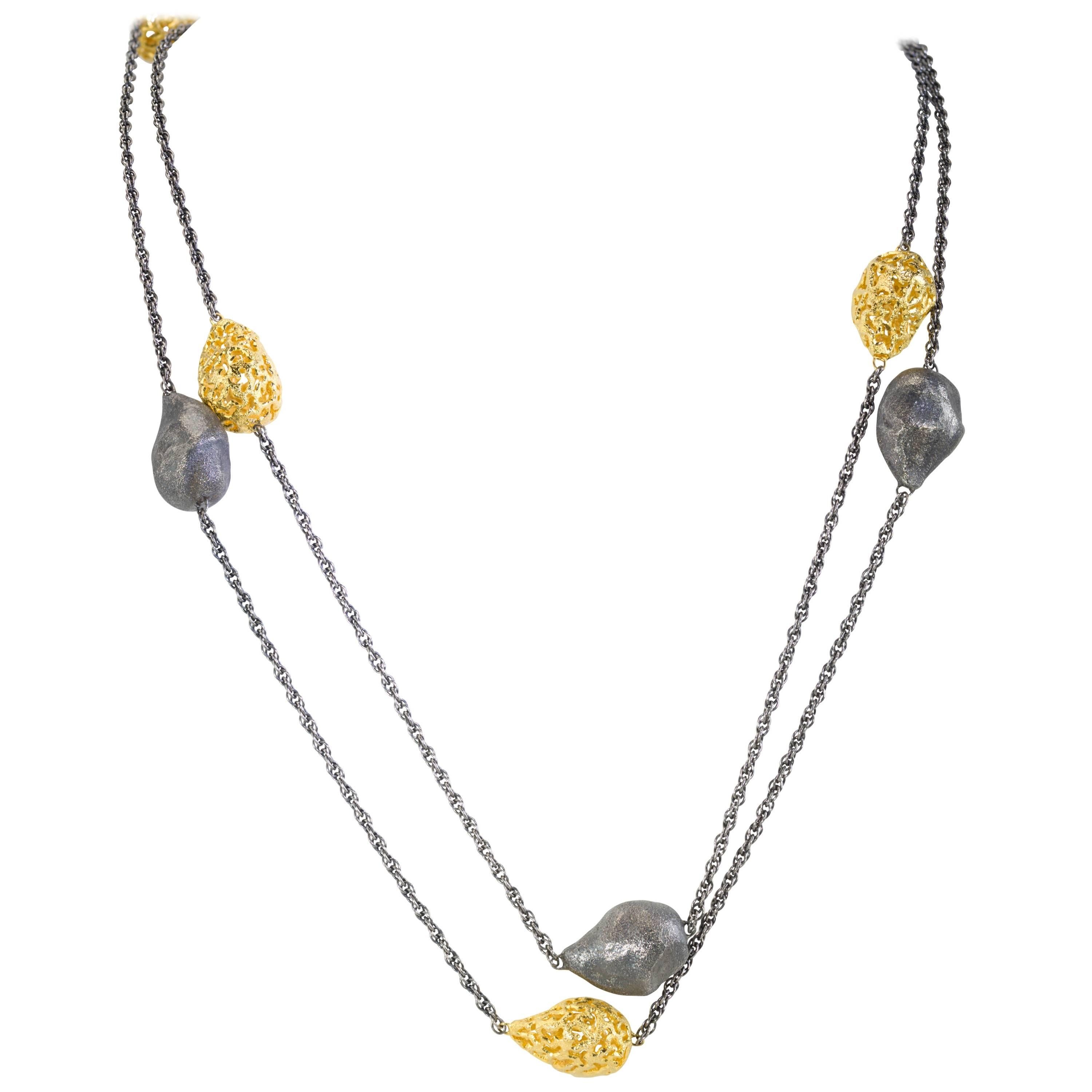 Sterling Silver Gold Platinum Textured Station Necklace