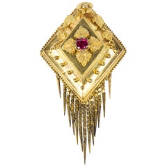 Antique Victorian Gold Mourning Tassel Brooch Pin Locket Estate Fine Jewelry