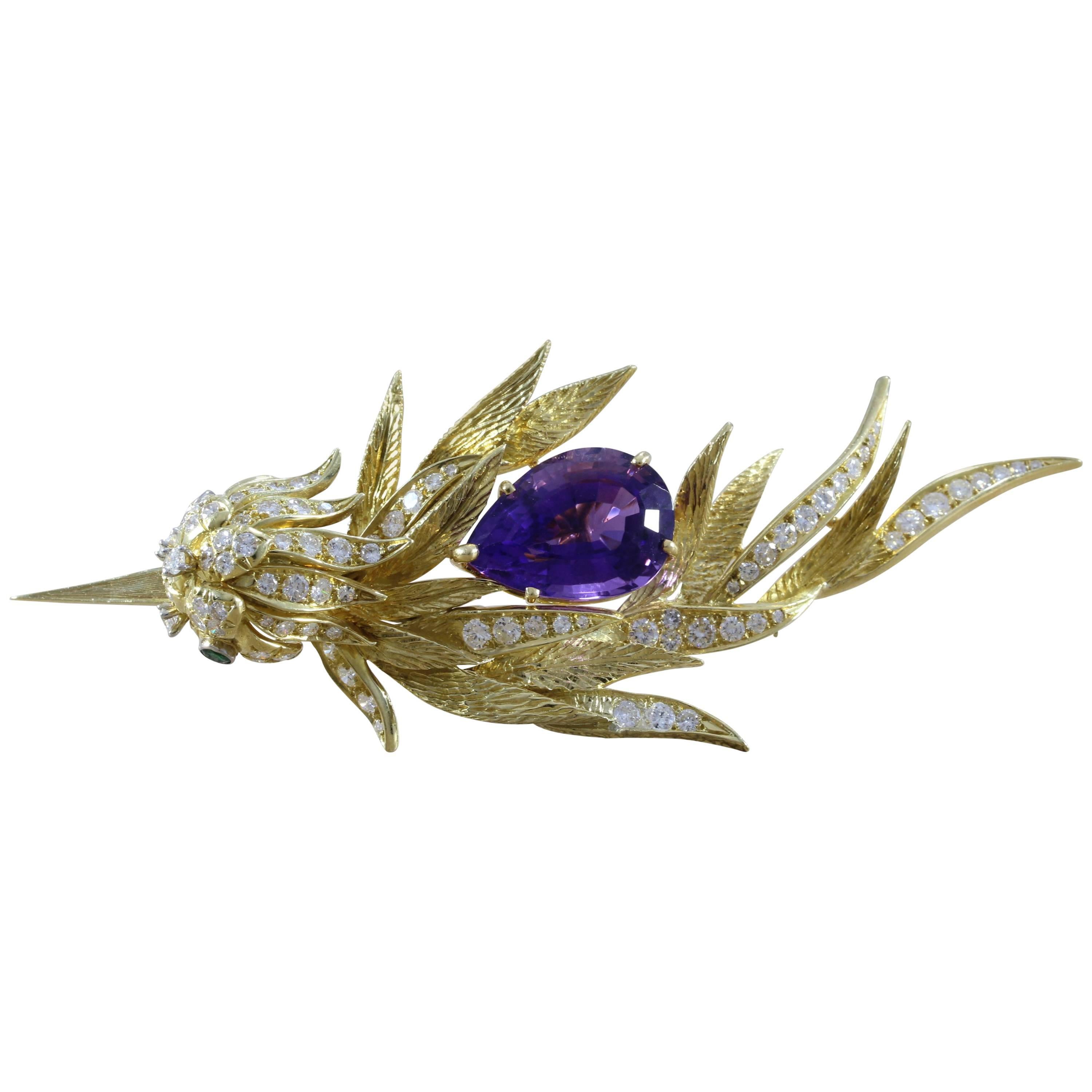 Amethyst Diamond Emerald Gold Bird Brooch For Sale