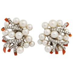 de Rothschild 1960s Verdura Paris Pearl Diamond Coral Earrings