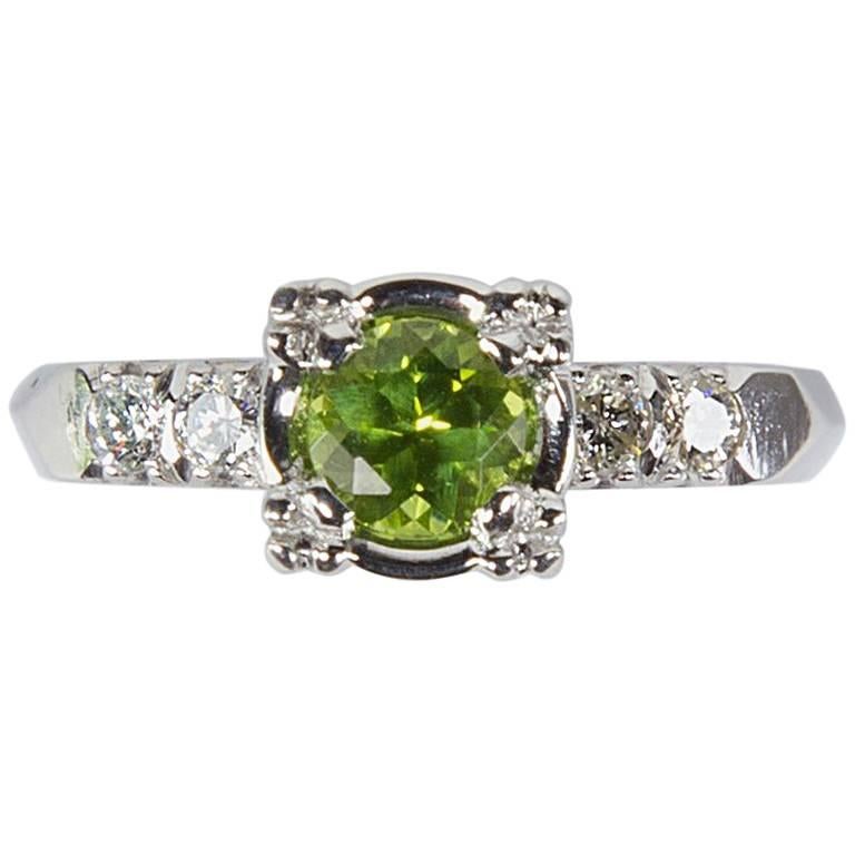 Green Tourmaline and Diamond Platinum Engagement Ring Estate Fine