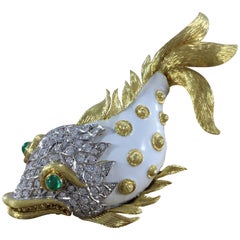Diamond Emerald Enamel Gold Fish Brooch