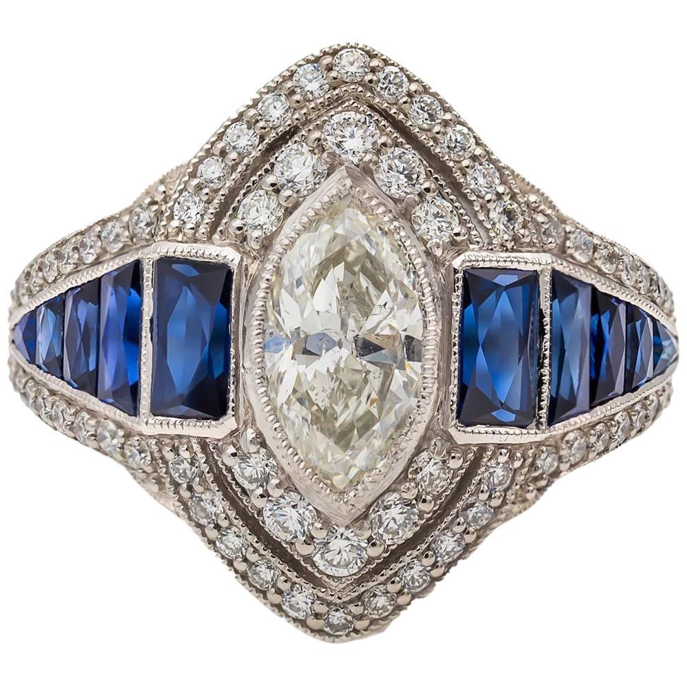 Art Deco Style Marquise Diamond and Sapphire Baguette Ring In Platinum 