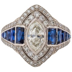 Art Deco Style Marquise Diamond and Sapphire Baguette Ring In Platinum 