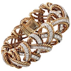 David Webb 1960s Gold Woven Diamond Bangle