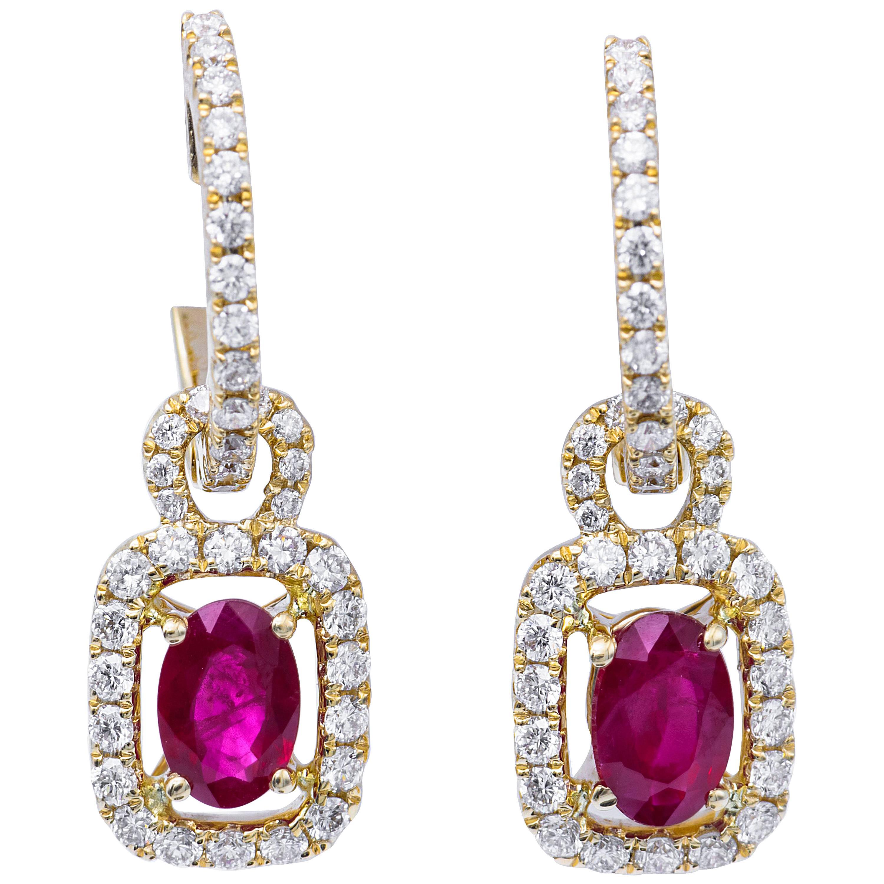 Burmese Ruby and Diamonds Dangle Hoop Earrings