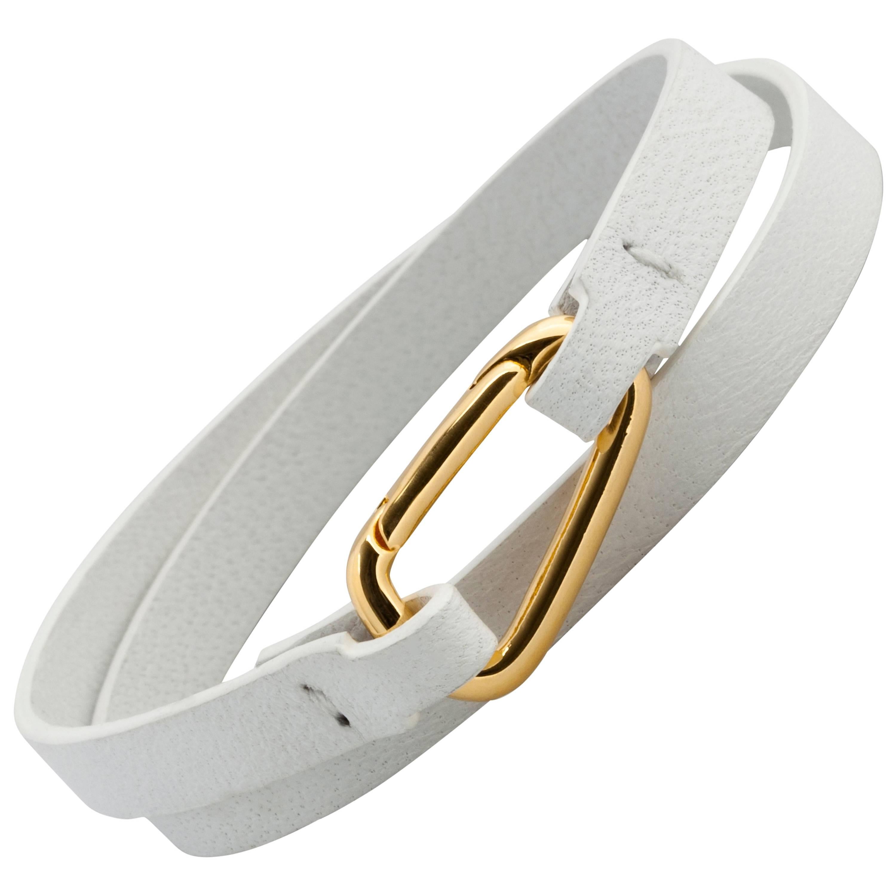 JvdF White Leather and Yellow Gold Carabiner Clasp Bracelet For Sale
