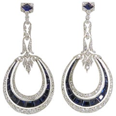 Art Deco 1920s Antique Platinum, Diamond, Sapphire Drop Earrings