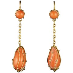 Antique Victorian Long Coral Earrings 18 Carat Gold
