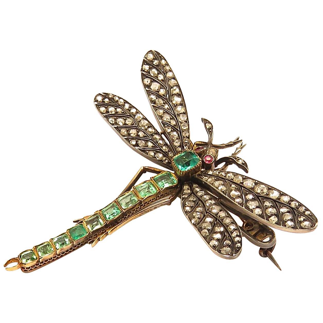 Art Nouveau Ruby Emerald Diamond Gold Silver Dragonfly Brooch