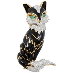 David Webb Diamond Emerald Enamel Foxy Brooch