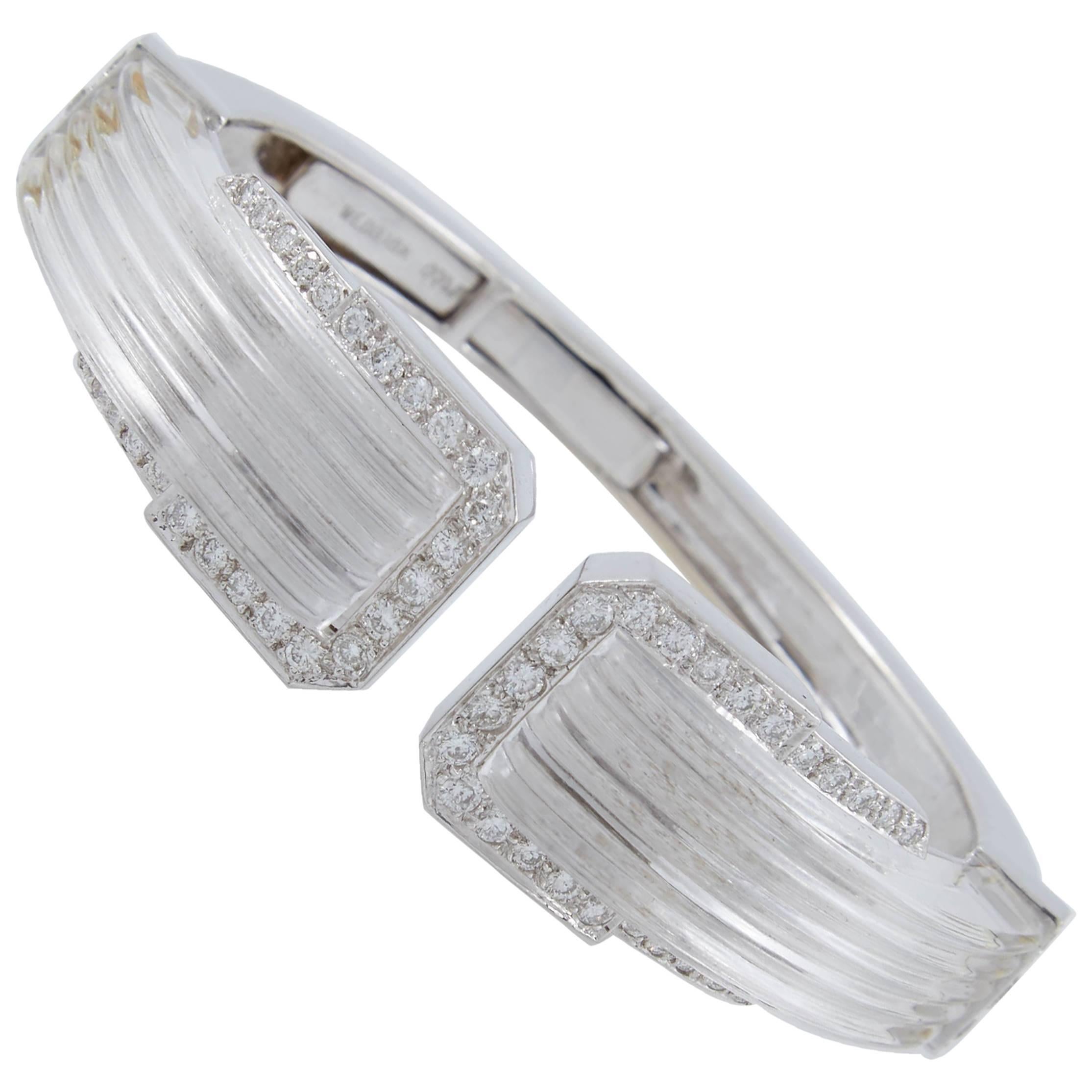 David Webb Diamond Carved Rock Crystal Cuff Bracelet