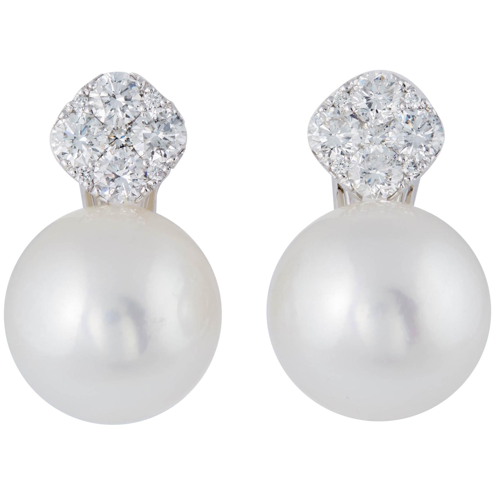 Round Cluster Diamonds and South Sea Pearl Drop Earrings For Sale