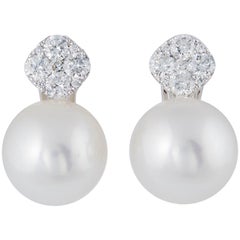 Round Cluster Diamonds and South Sea Pearl Drop Earrings