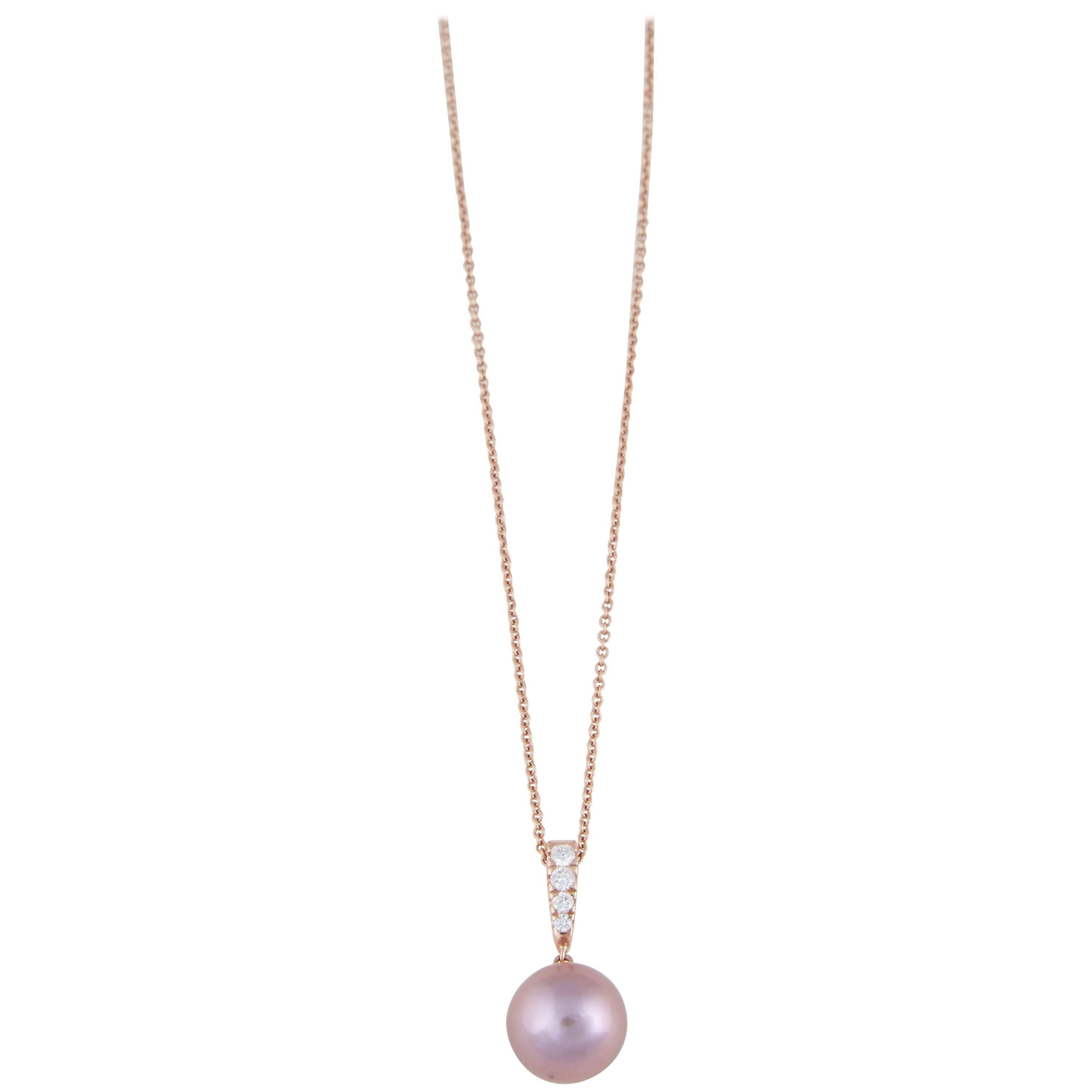 Pink Freshwater Pearl and Four Diamond Rose Gold Pendant