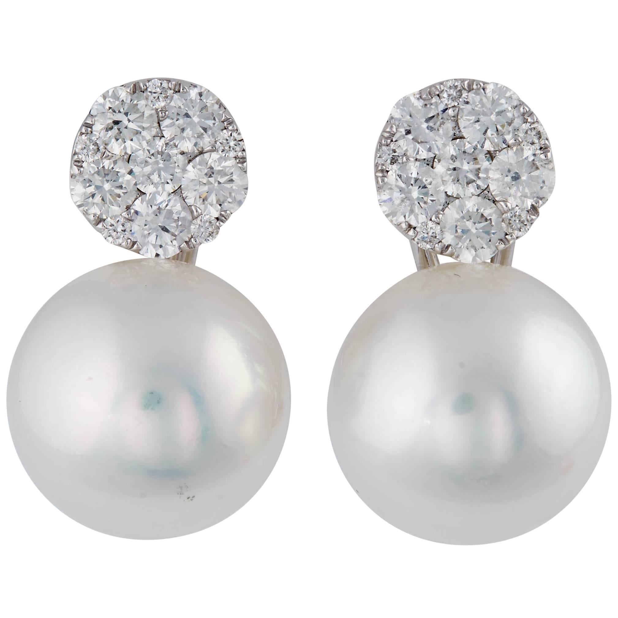 South Sea and Diamonds Cluster Round Shape Drop Earrings For Sale