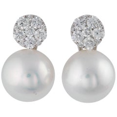 South Sea and Diamonds Cluster Round Shape Drop Earrings