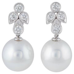 Diamonds and South Sea Pearl Dangling Leaf Earrings