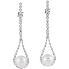 South Sea Pearl Diamond Drop Long Earrings 0.92 Carats 9-10 MM 18K White Gold