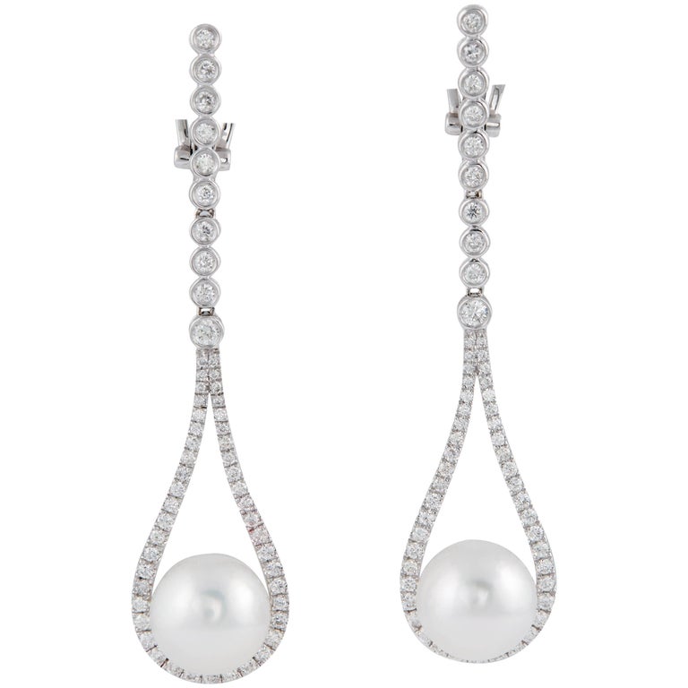 South Sea Pearl and Diamond Hanging Drop Dangling Long Earrings For