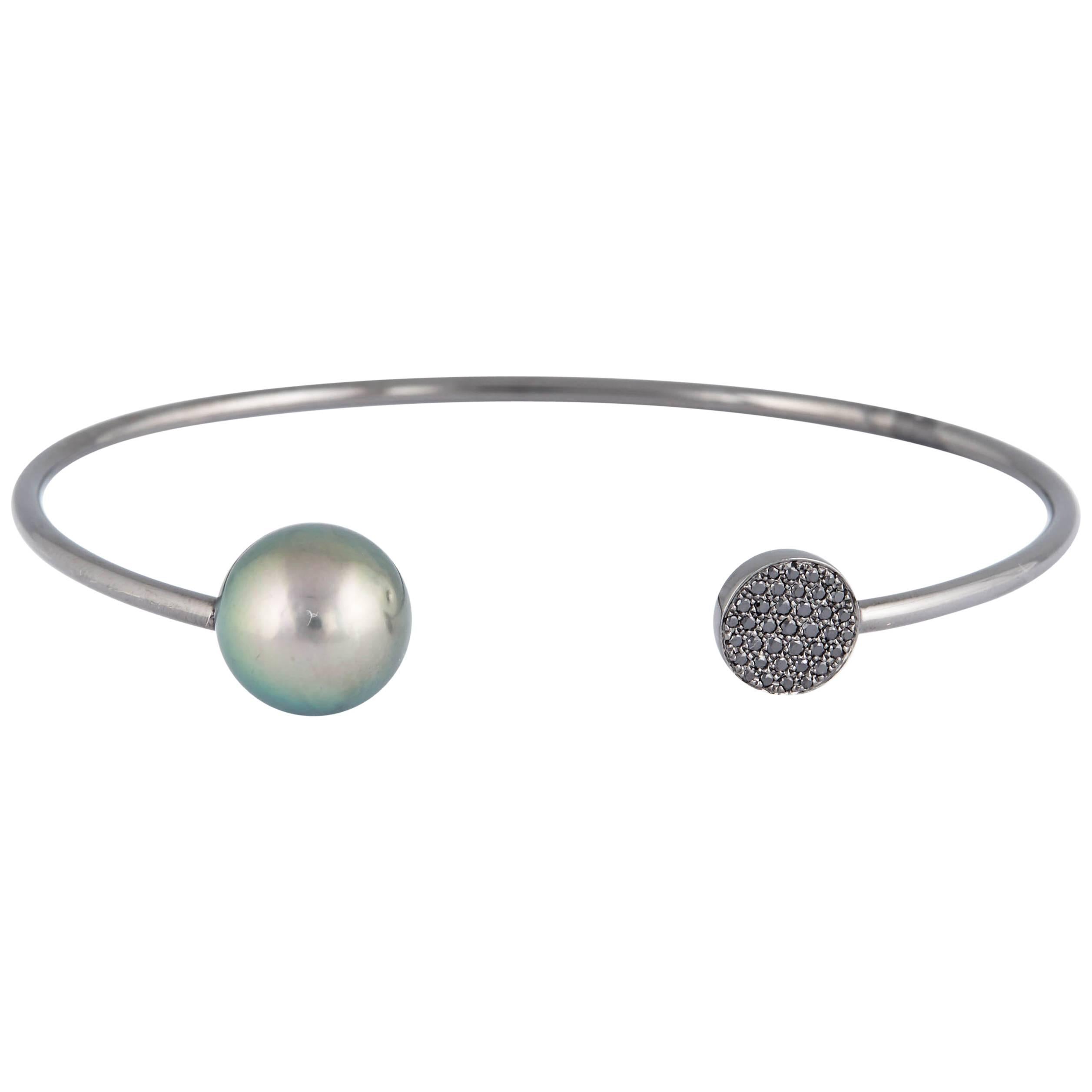 Black and White Diamond Tahitian Pearl Bangle 0.14 Carats 18K White Gold 11-12MM For Sale
