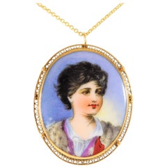 Aristocratic Hand-Painted Cameo 14 Karat Gold Pendant/Brooch