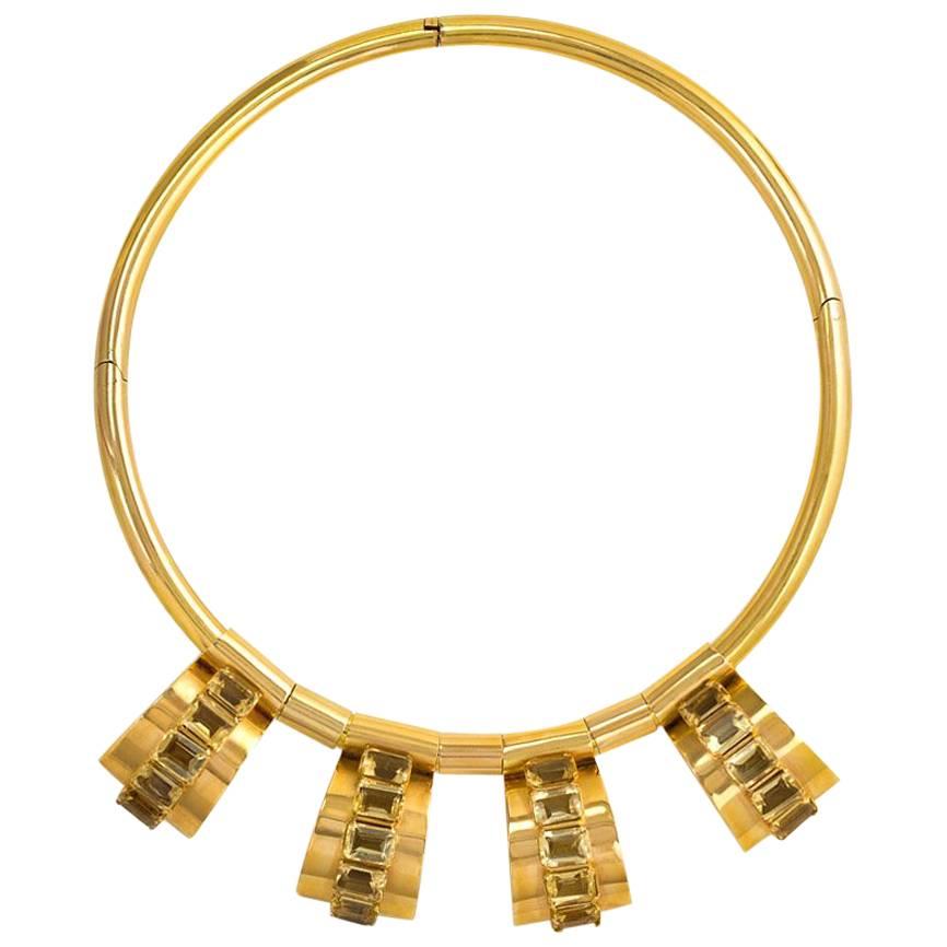 Retro Gold Torque Necklace with Citrine-Set Geometric Pendants