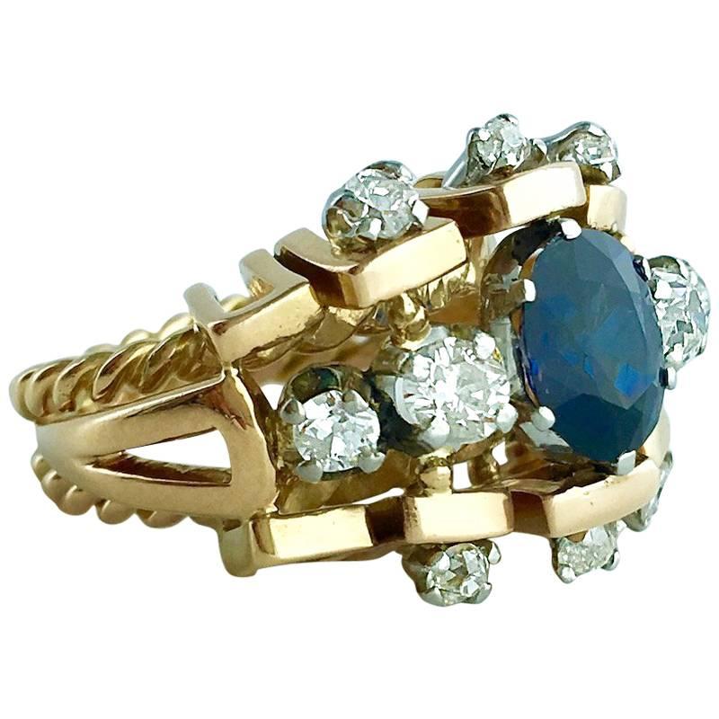 1950s Sapphire Diamond Pink Gold Platinum Ring