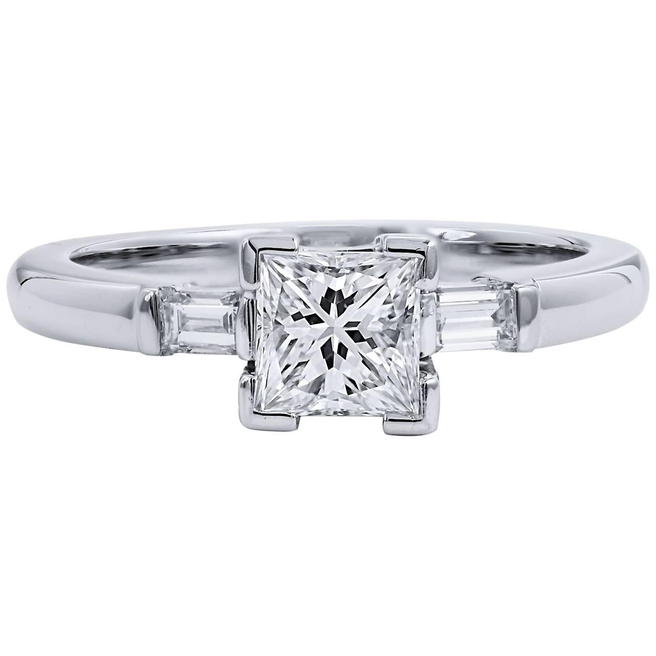 GIA Certified Princess Cut Three-Diamond Side Baguette Engagement Ring