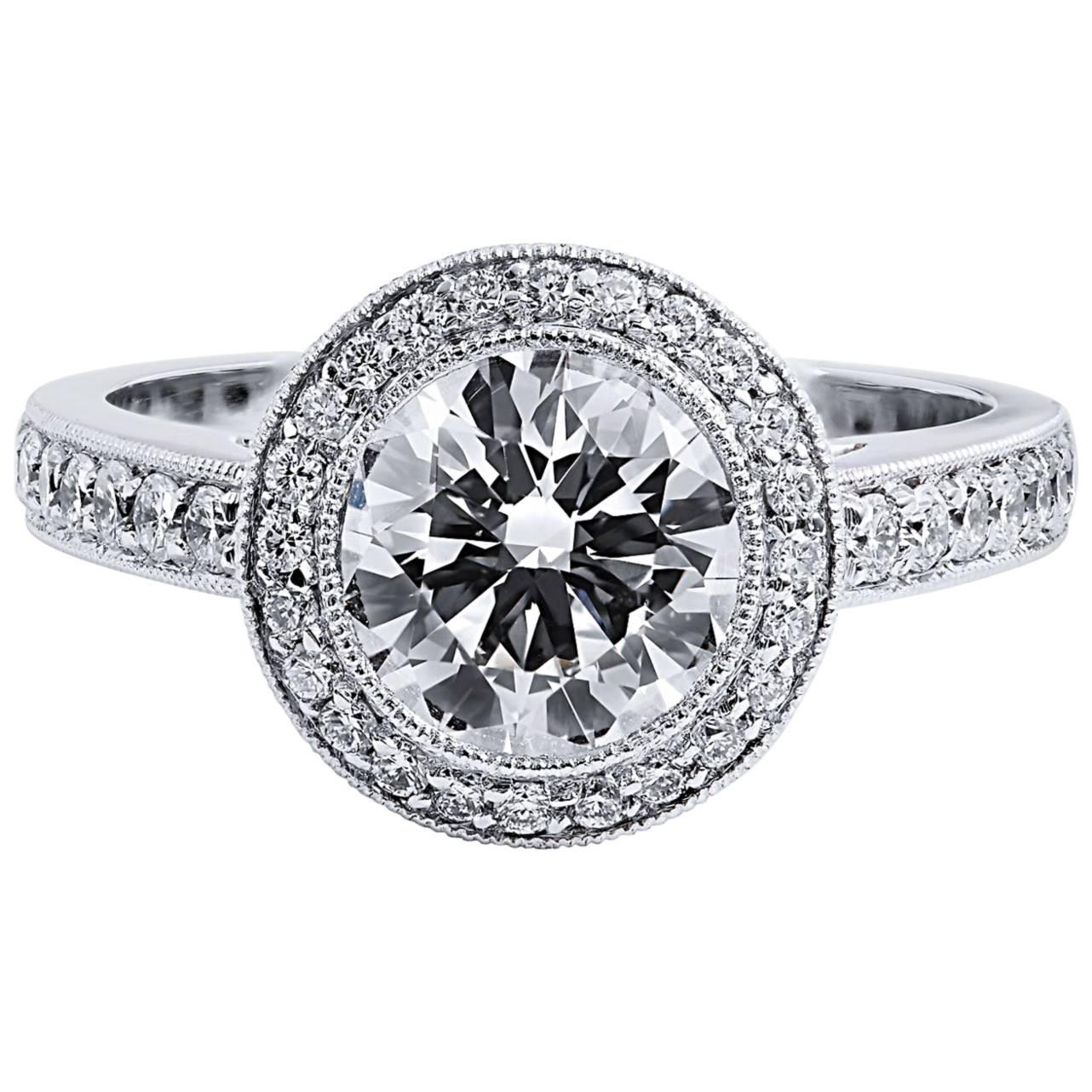 GIA CERTIFIED 1.53 Carat Round Brilliant Cut Halo Set Diamond Engagement Ring