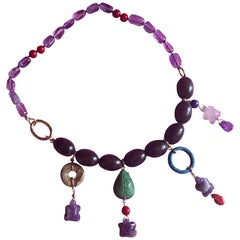 Ebony Charms Necklace Amethyst Coral Ebony Gold