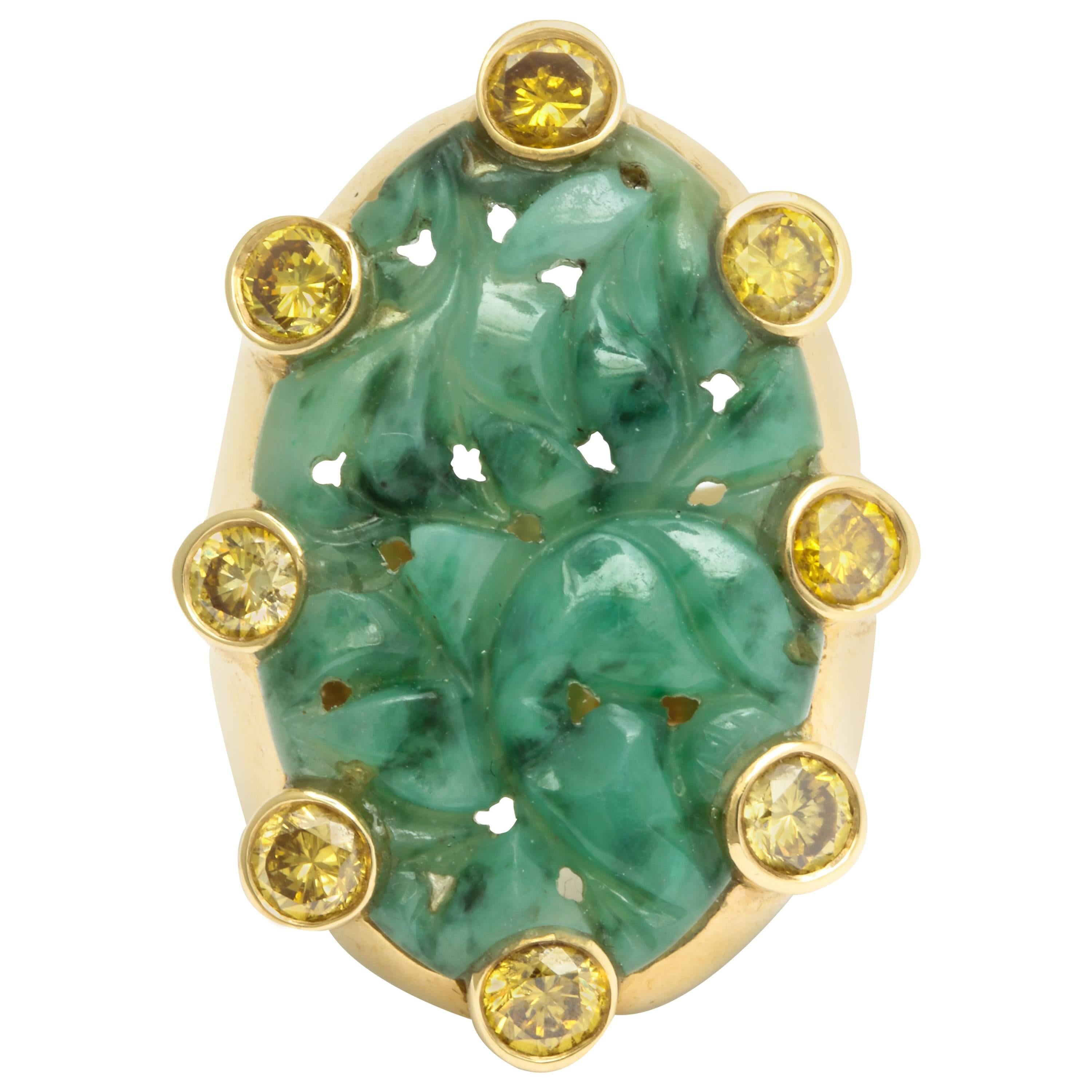 Marilyn Cooperman Gold Carved Jade and Yellow Diamond Ring