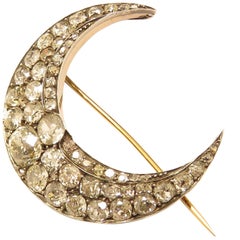 Antique Old Cut Diamond Gold Silver Crescent Brooch 9