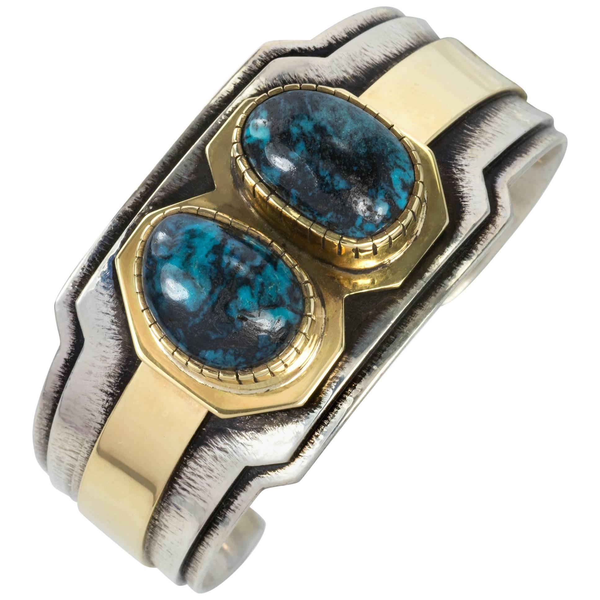 Anthony Sanchez Gold, Silver and Blue Diamond Turquoise Cuff Bracelet