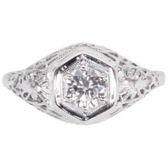 Antique Art Deco Diamond Filigree Platinum Solitaire Engagement Ring Estate Fine Jewelry