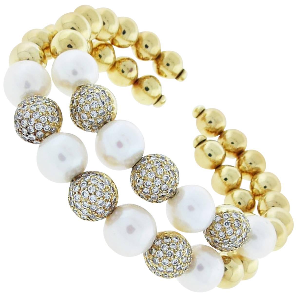 Pair of Diamond Pearl Gold Cuff Bracelets For Sale