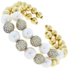 Pair of Diamond Pearl Gold Cuff Bracelets