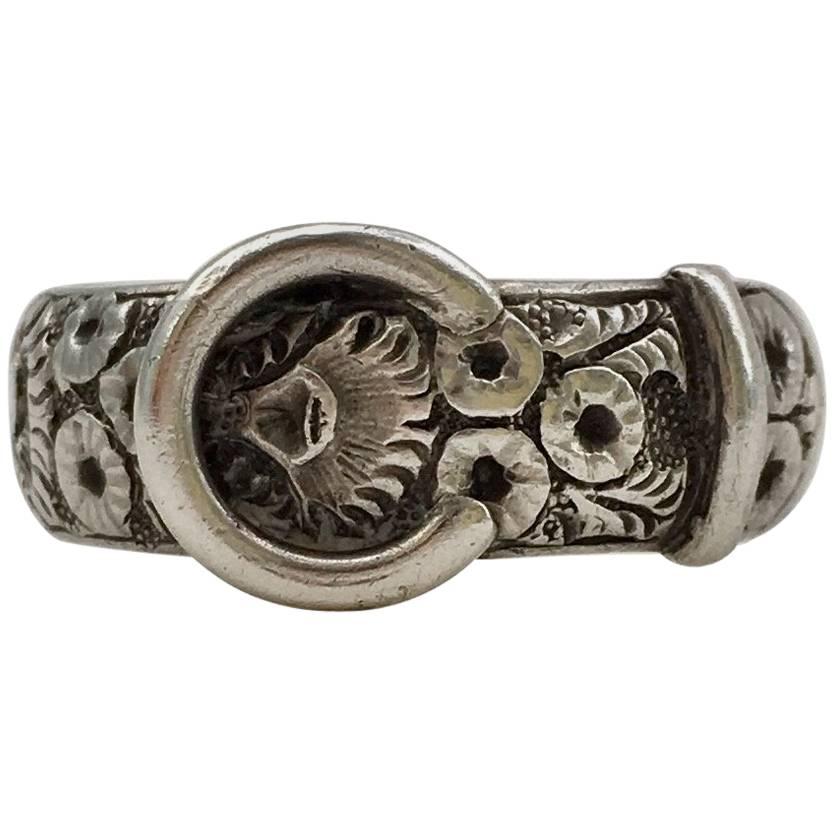 Arts & Crafts Ring Buckle Engraved Floral Heavy Silver Victorian Band