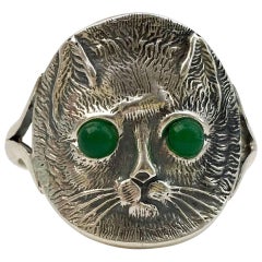 Edwardian Silver Lucky Cat with Green Glass Eyes Novelty Conversion Antique Ring