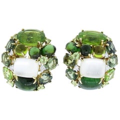 Fine Cluster Peridot, Tourmaline, Moonstone, and Diamond Earrings